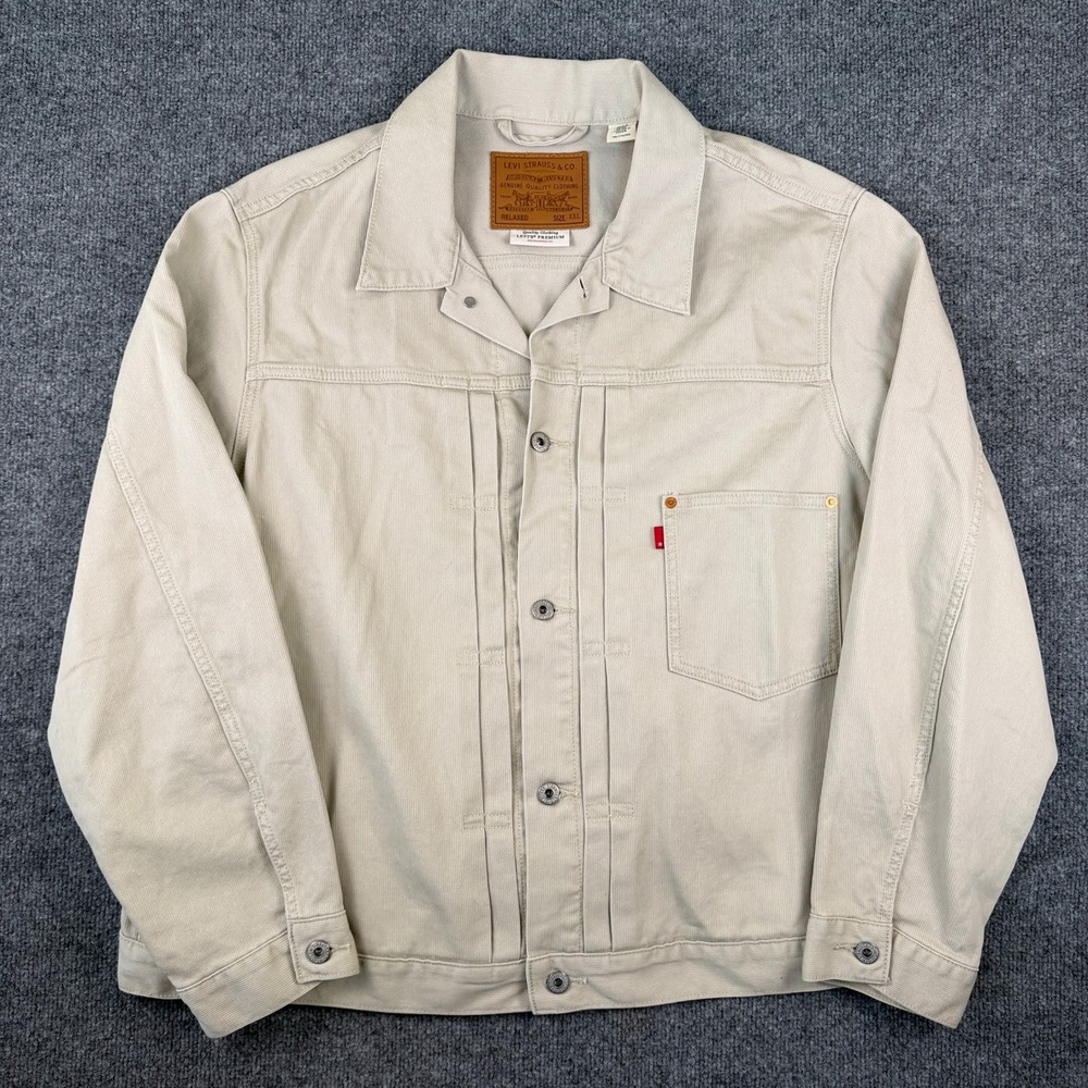 Levis Premium Type 1 Trucker Jacket Mens 2XL Beige Cinch Buckle Back Denim